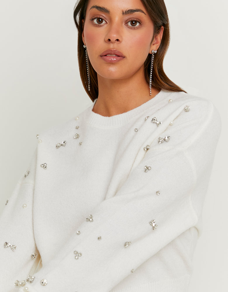 Knit Sweater with Rhinestones | Off White