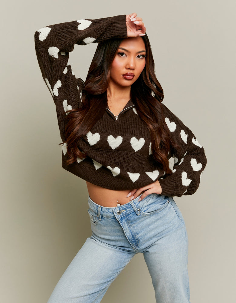 Knitted Zip - Up Sweater | Brown