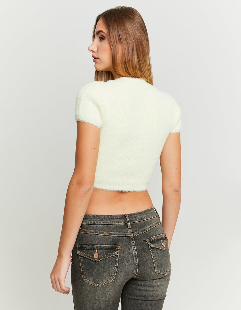 Fluffy Jumper Short Sleeves with Strass Bow | Light Yellow