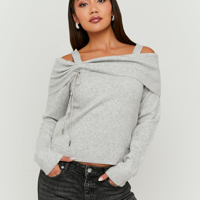 Off Shoulders Jumper with Strass | Grey