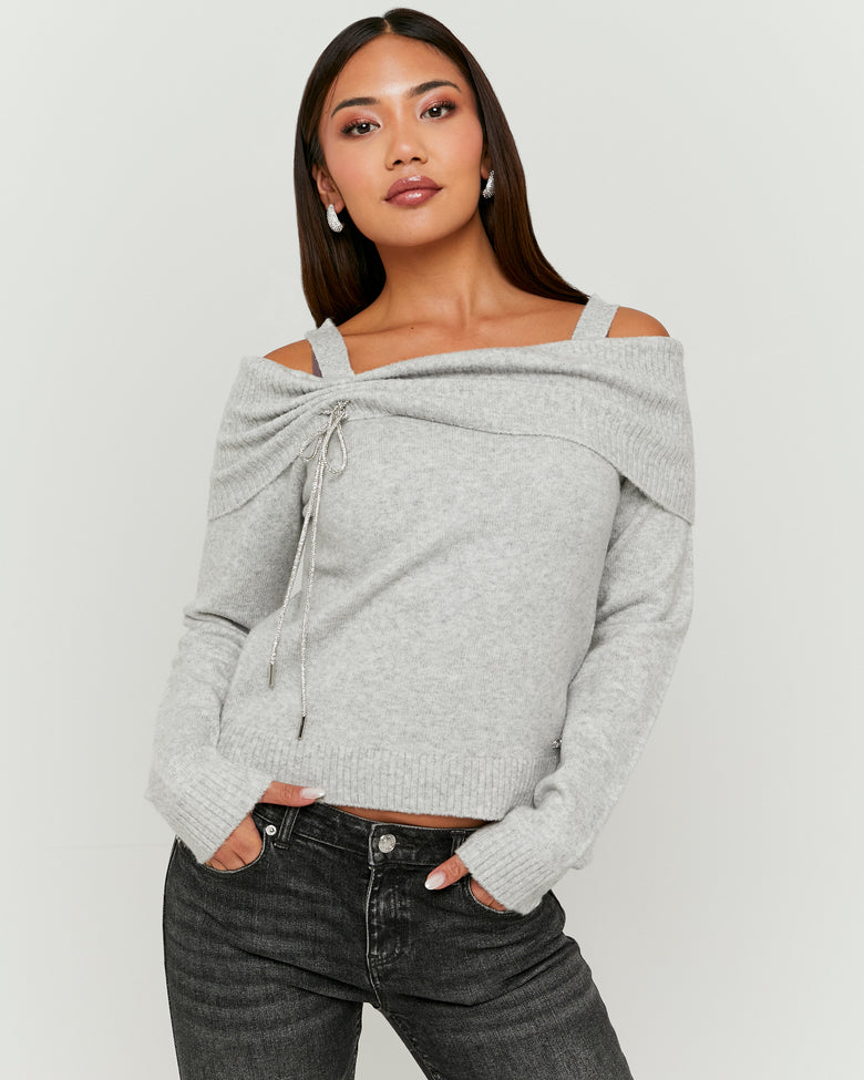 Off Shoulders Jumper with Strass | Grey
