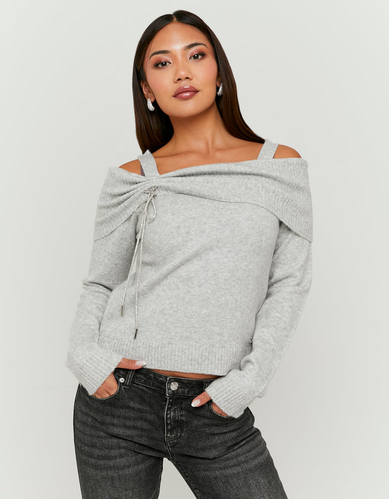 Off Shoulders Jumper with Strass | Grey