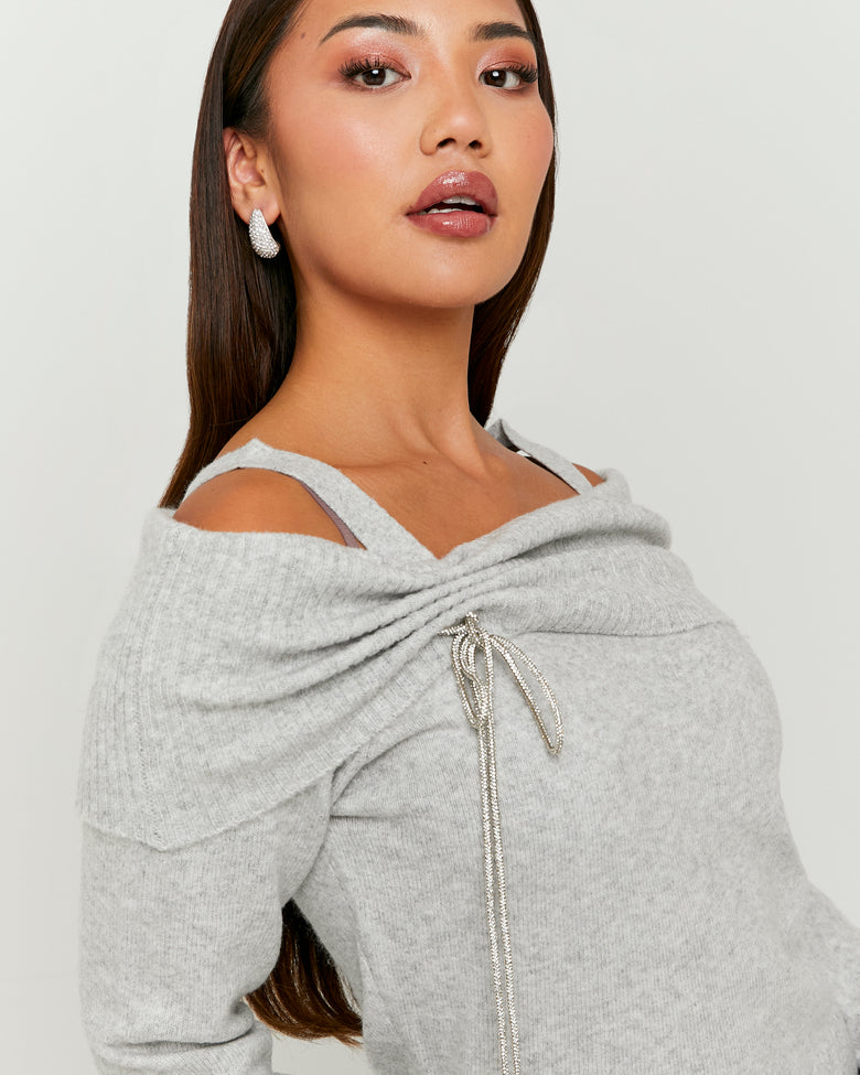 Off Shoulders Jumper with Strass | Grey