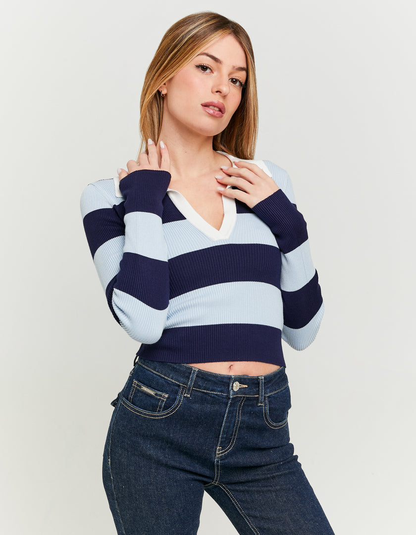 Fitted Jumper with Polo Neck | Navy striped