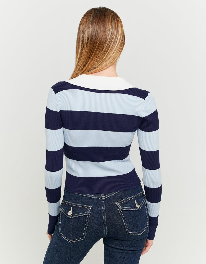 Fitted Jumper with Polo Neck | Navy striped