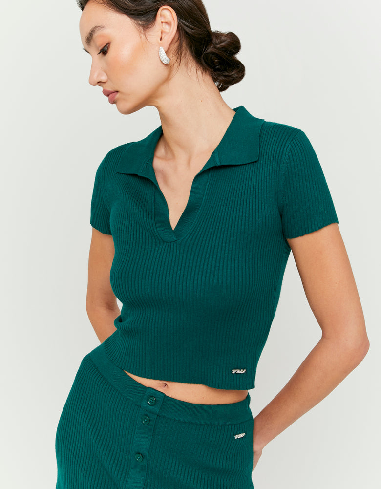 Knitted Polo Top With Strass | Green