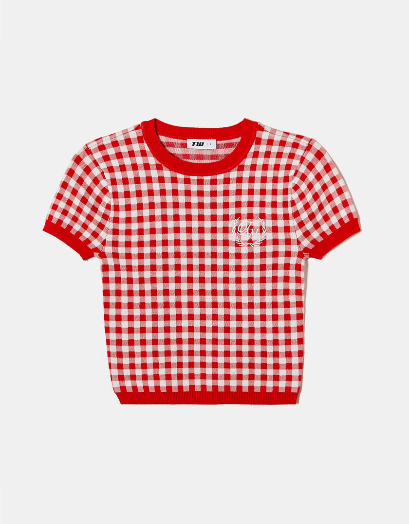 Knitted Top Short Sleeves | Red-Off White