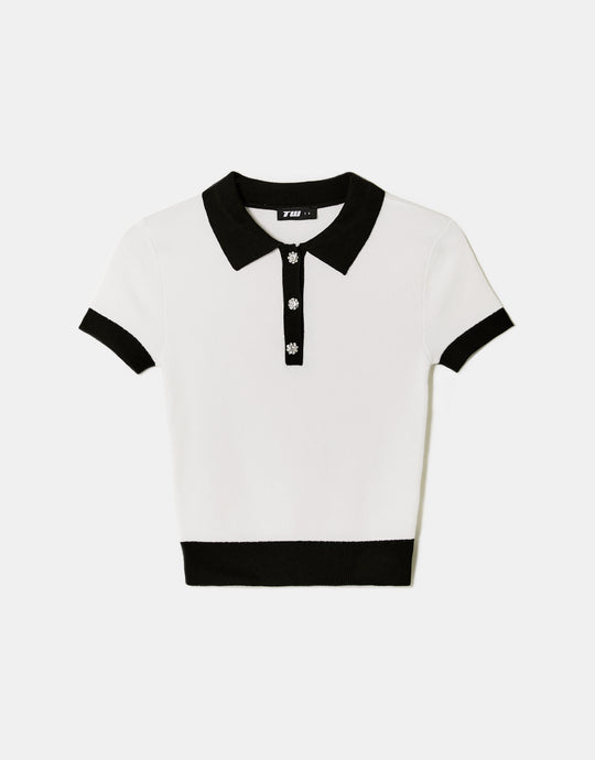 Polo Collar Top | Off White - Black