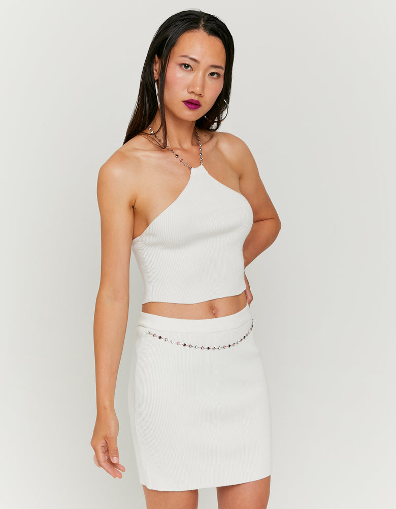 Knitted Top Openback with Rhinestones Necklace | Off White