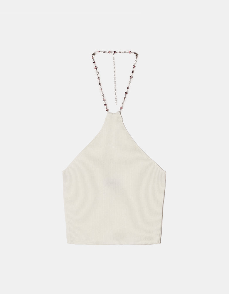 Knitted Top Openback with Rhinestones Necklace | Off White