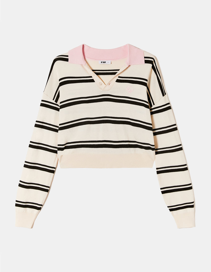 Cropped Jumper with Polo Neck | Off White - Striped