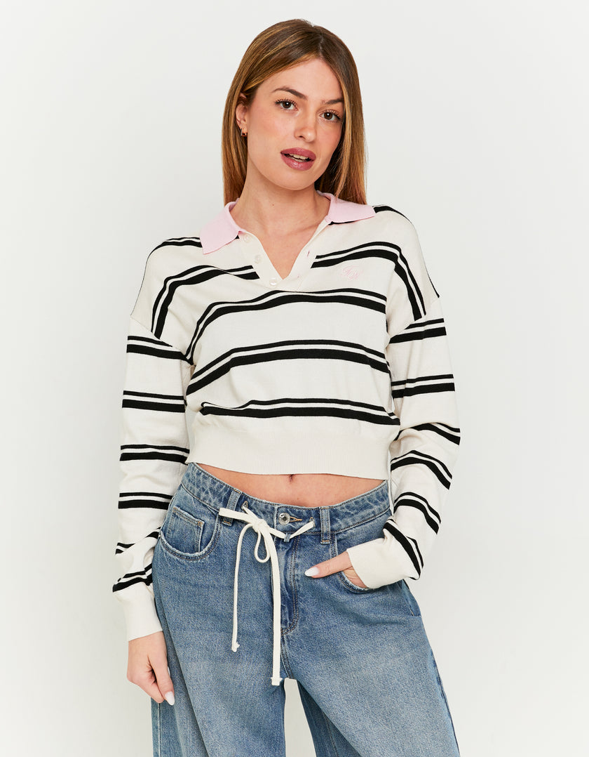 Cropped Jumper with Polo Neck | Off White - Striped