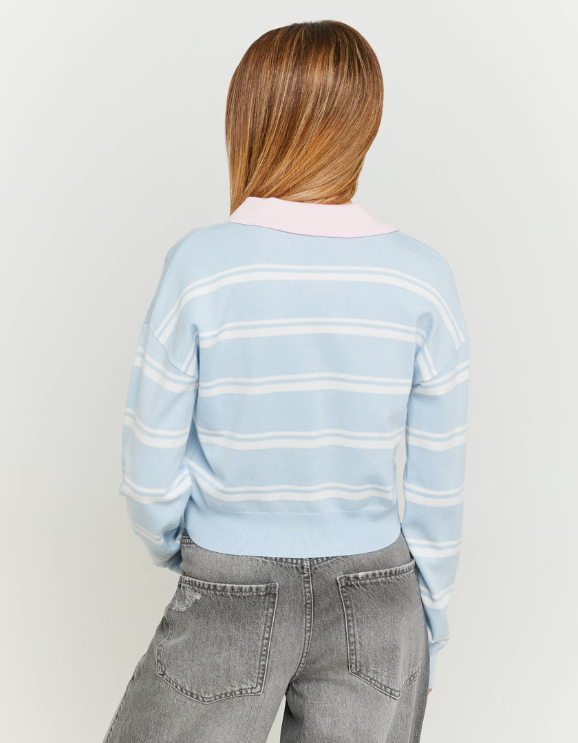 Cropped Jumper with Polo Neck | Blue Striped