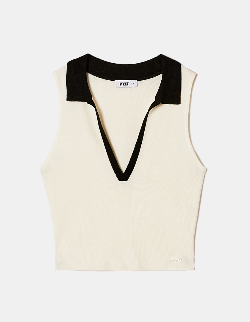 Knitted Sleeveless Polo Top | Off White - Black