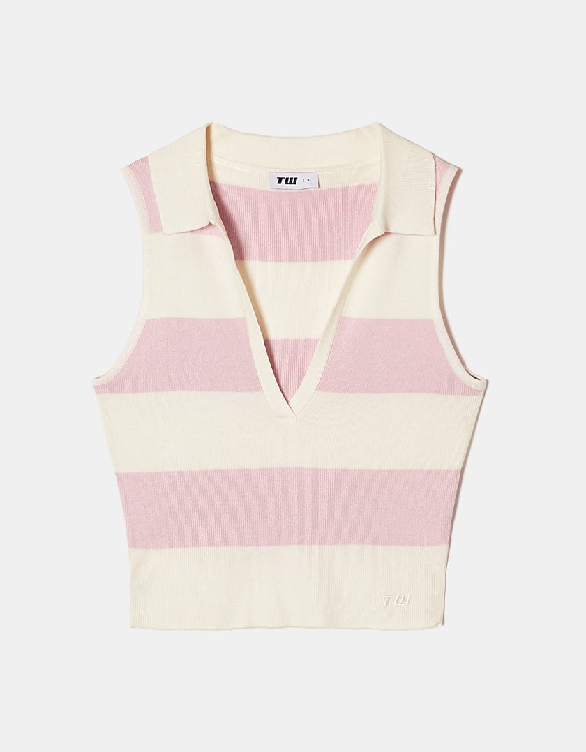 Knitted Sleeveless Polo Top | Pink Striped