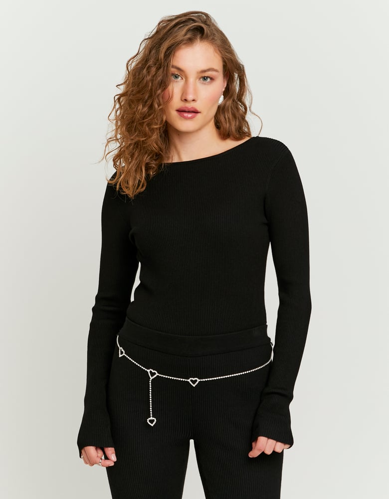 Knitted Jumper With Strass Chain | Black
