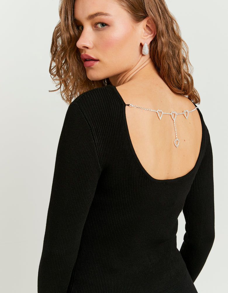 Knitted Jumper With Strass Chain | Black