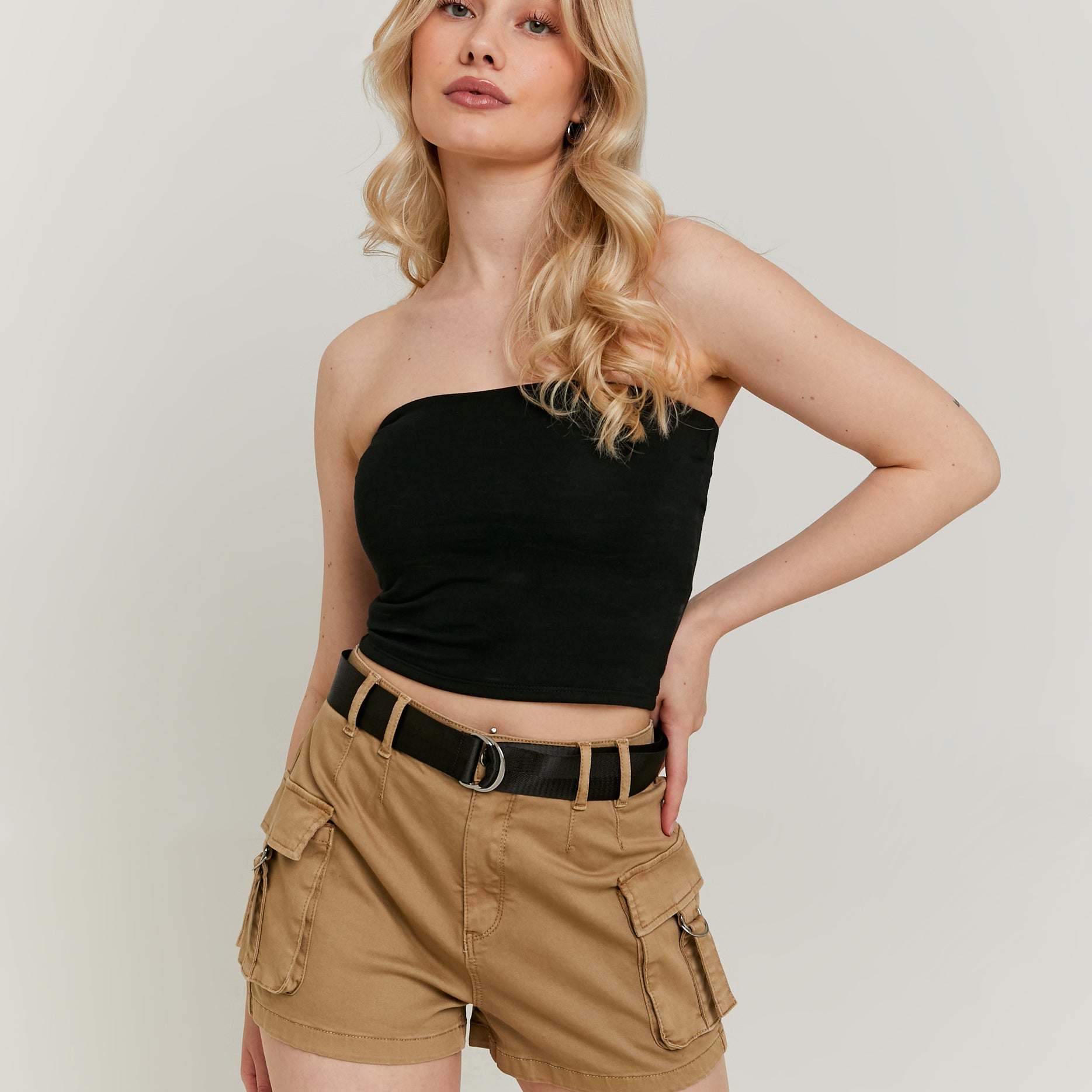 High Waist Belted Cargo Shorts | Beige