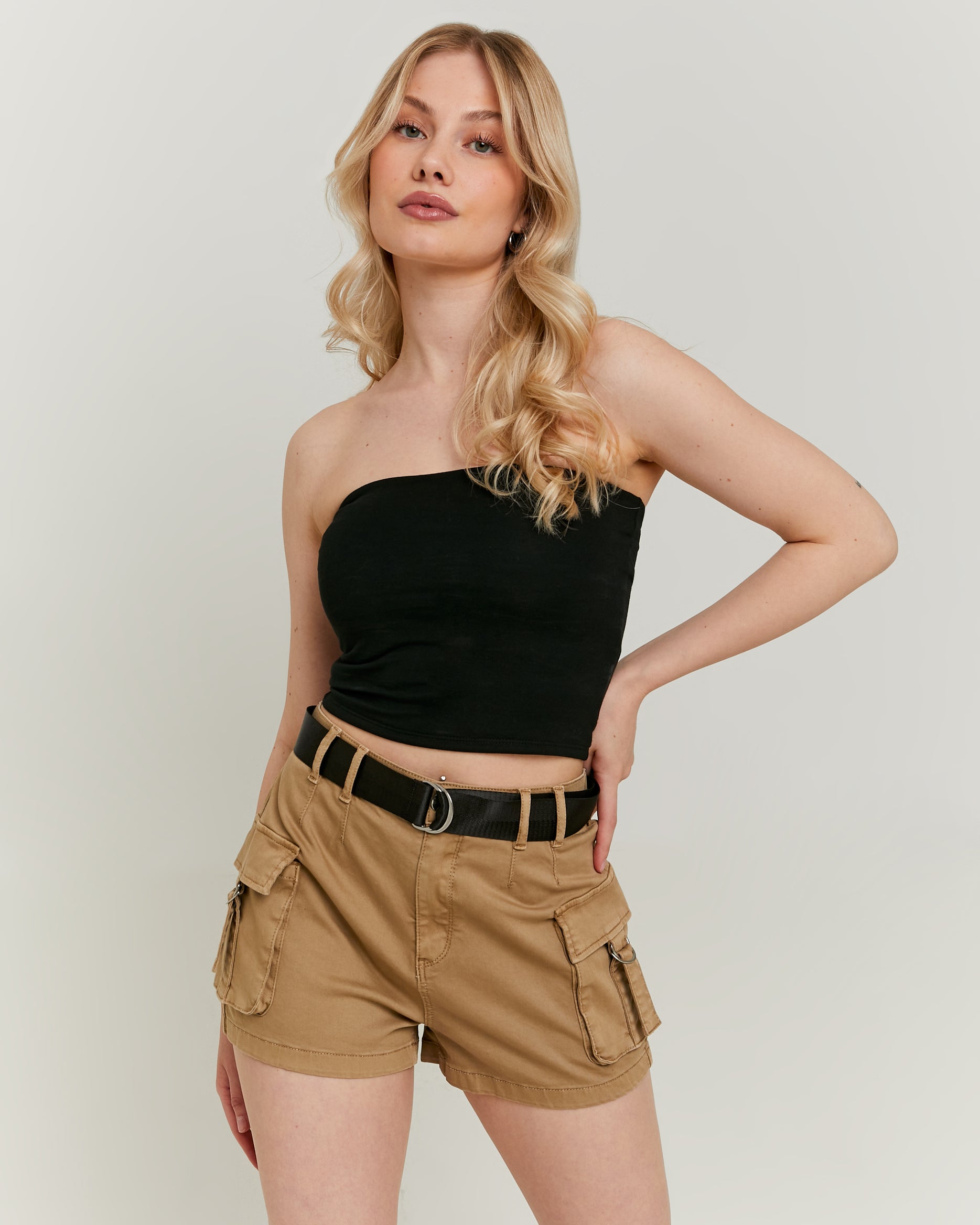 High Waist Belted Cargo Shorts | Beige
