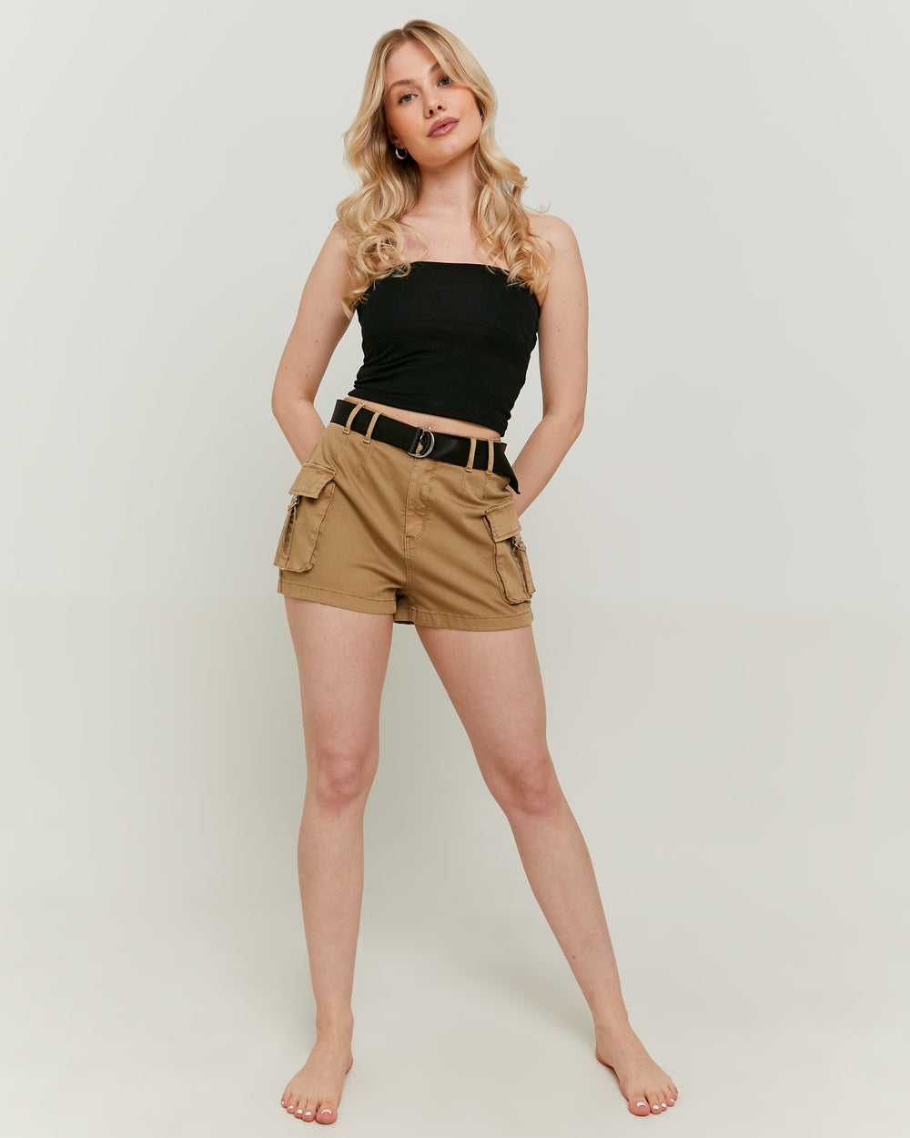 High Waist Belted Cargo Shorts | Beige