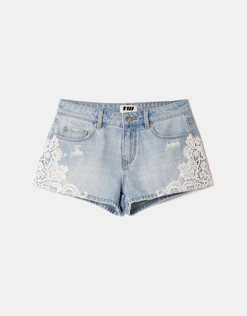 Low Waist Denim Shorts with Lace | Light Wash