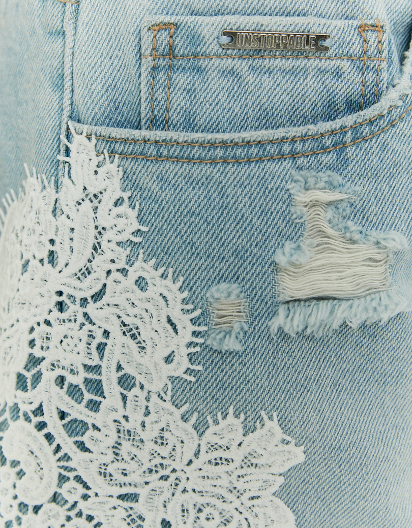 Low Waist Denim Shorts with Lace | Light Wash