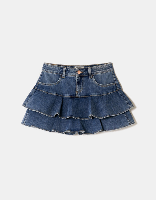 Denim Mini Skirt With Ruffles | Blue Wash