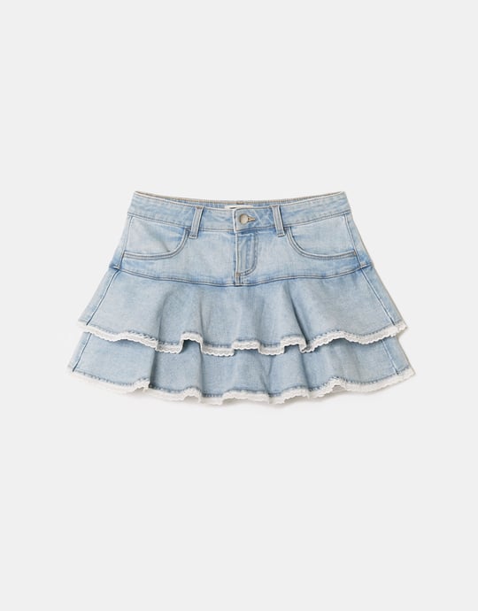 Denim Mini Skirt with Ruffles and Lace | Blue Wash