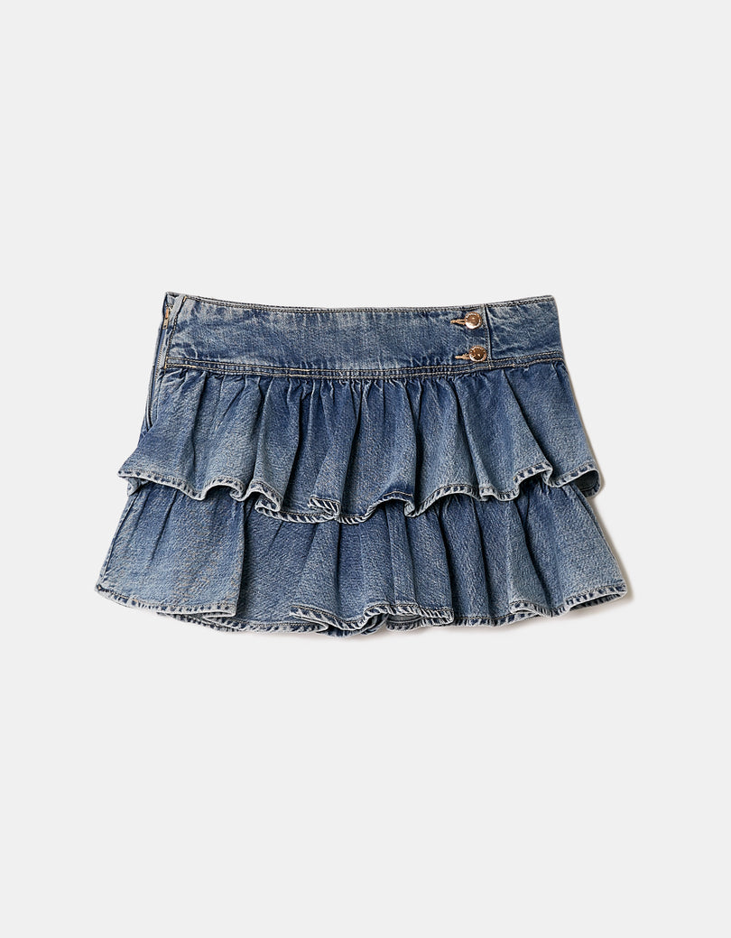 Denim Mini Skort With Ruffles | Blue Wash