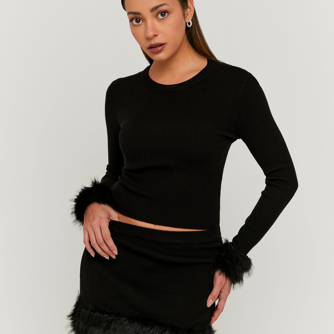 Knitted Skirt with Fur Trim | Black