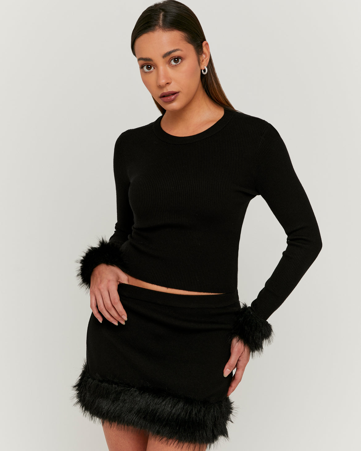 Knitted Skirt with Fur Trim | Black
