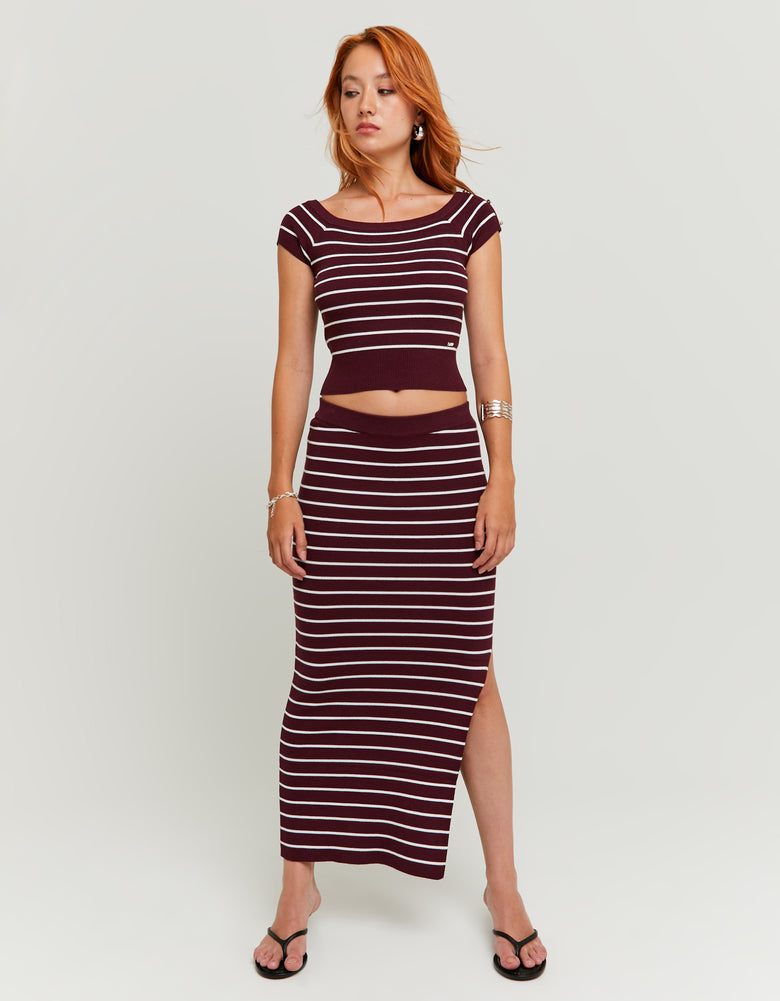 Knitted Midi Skirt with Stripes | Bordeaux striped