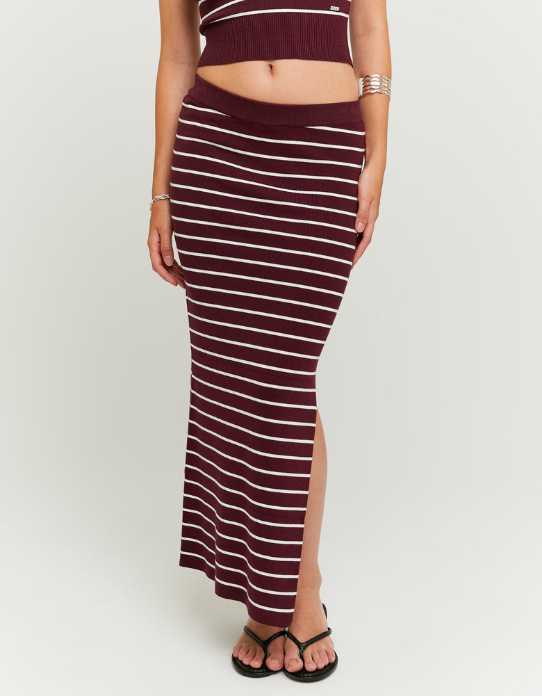 Knitted Midi Skirt with Stripes | Bordeaux striped