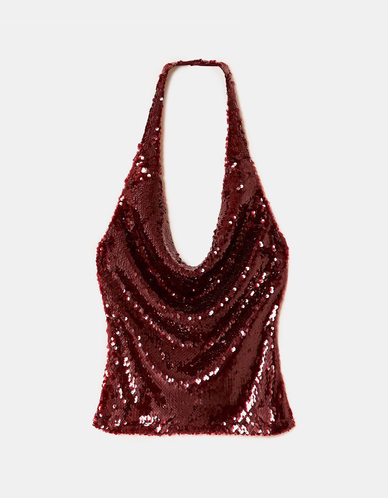 Burgundy Sequined Halter Top | Burgendy