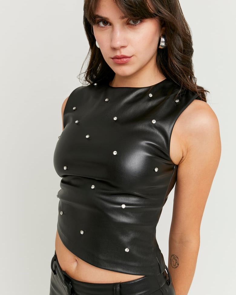 Faux Leather Top with Strass | Black