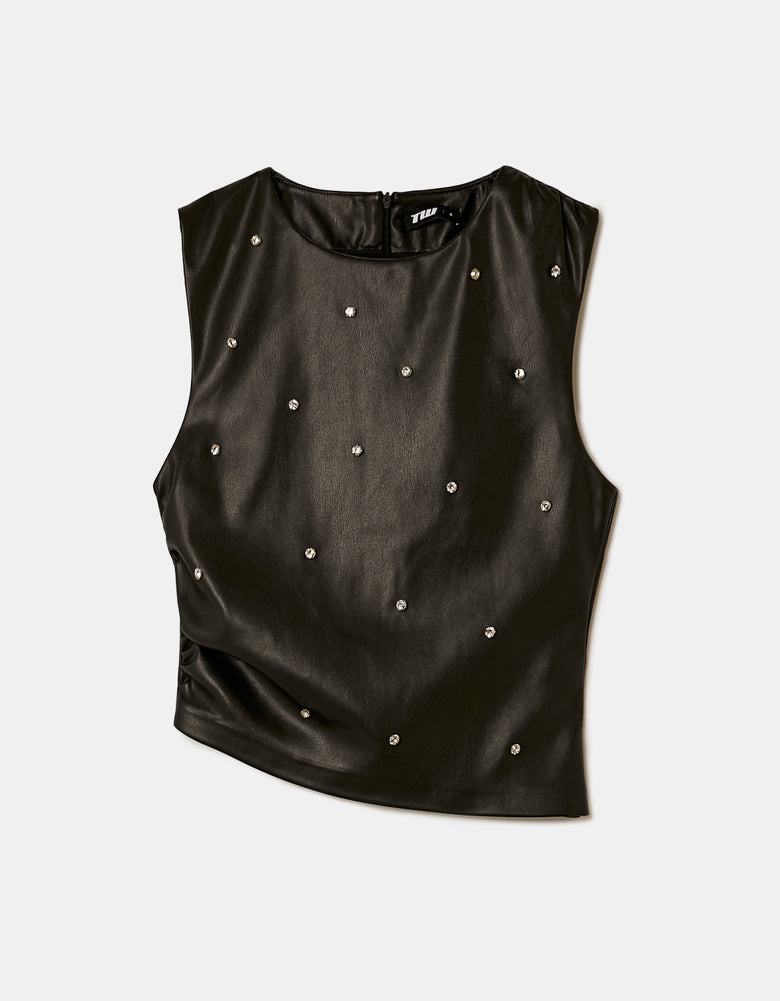 Faux Leather Top with Strass | Black