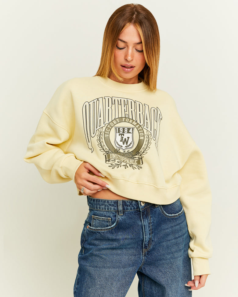 Cropped Oversize Sweatshirt with Print | Yellow
