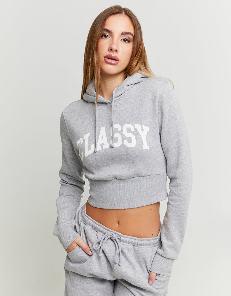 Cropped Printed Hoodie | Grey
