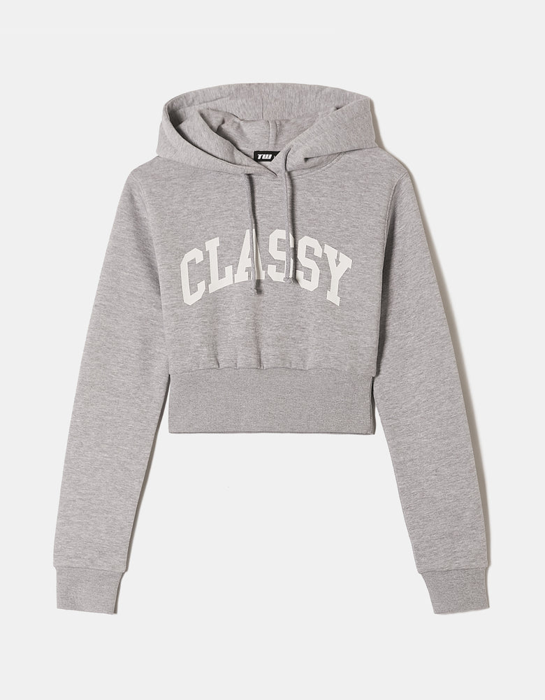 Cropped Printed Hoodie | Grey