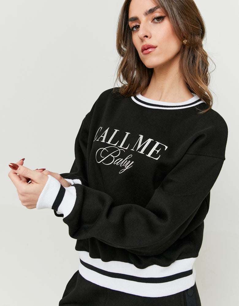 Printed Sweatshirt with White Stripes | Black