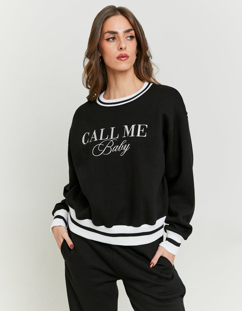 Printed Sweatshirt with White Stripes | Black