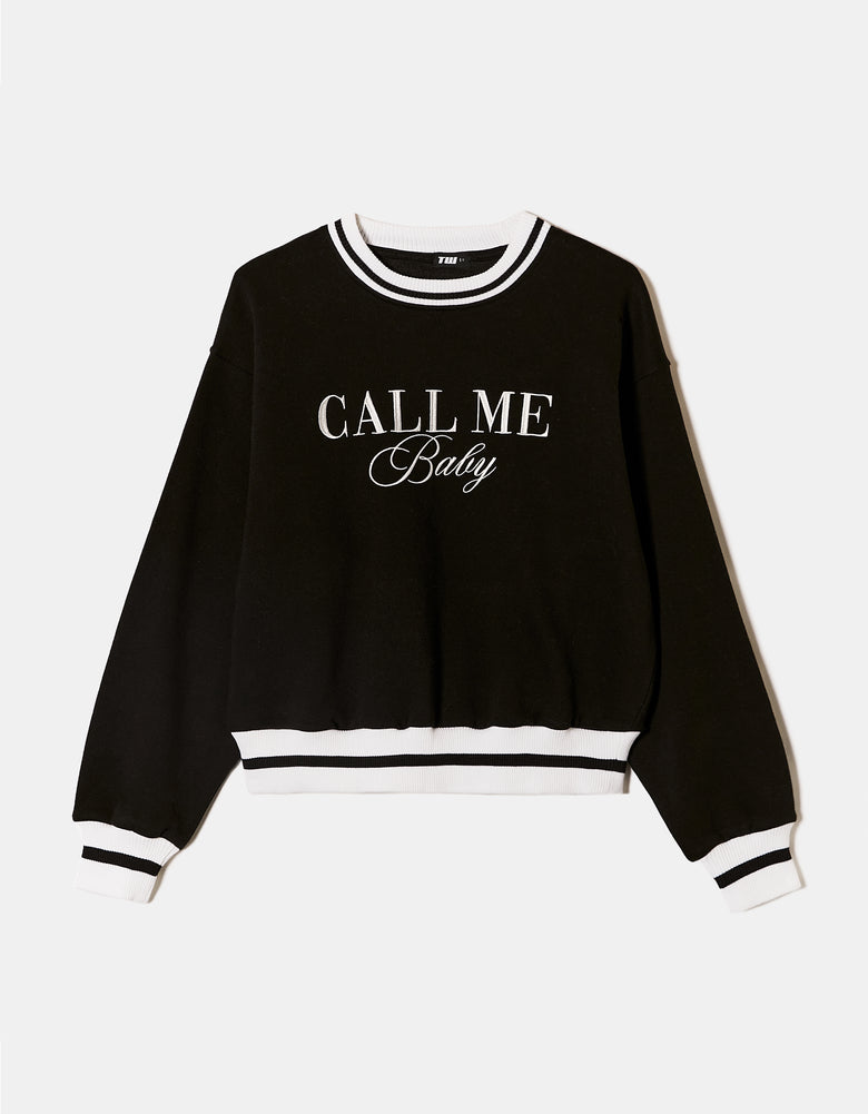 Printed Sweatshirt with White Stripes | Black
