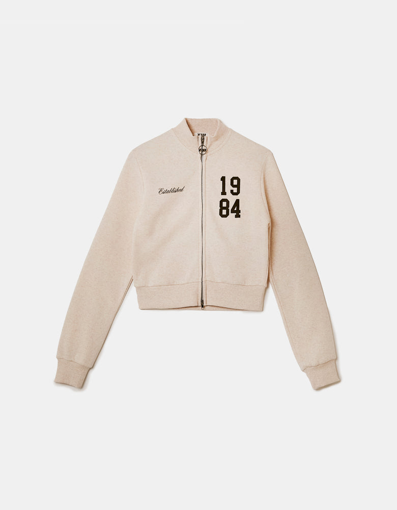 Printed Zip Up Sweatshirt | Beige