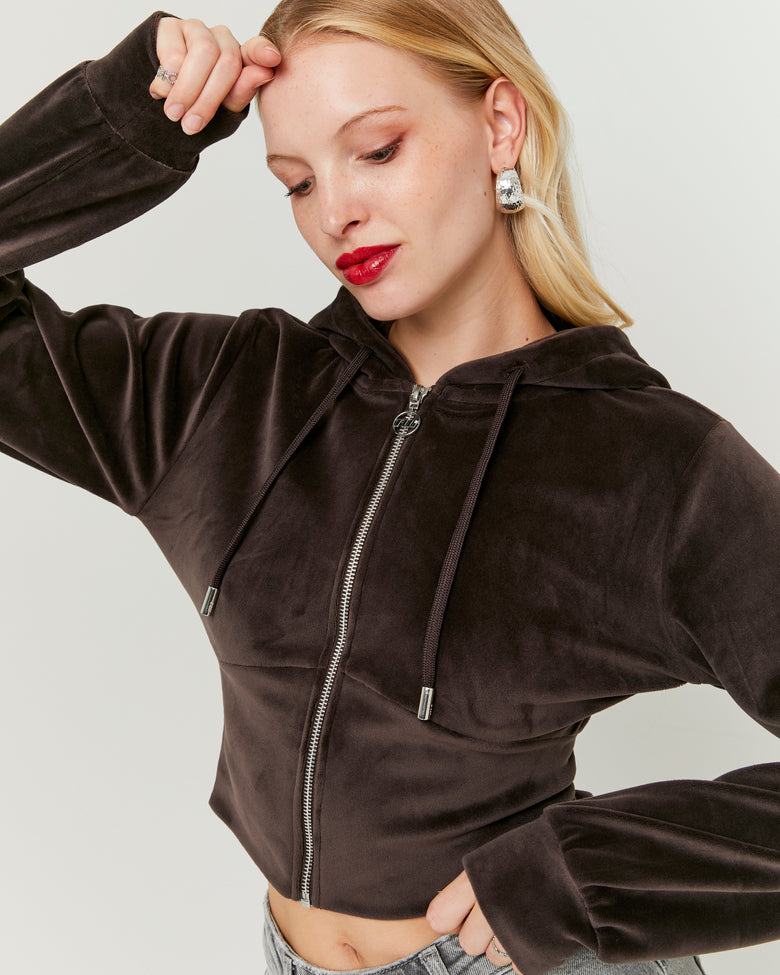 Basic Cropped Zip?Up Hoodie | Brown