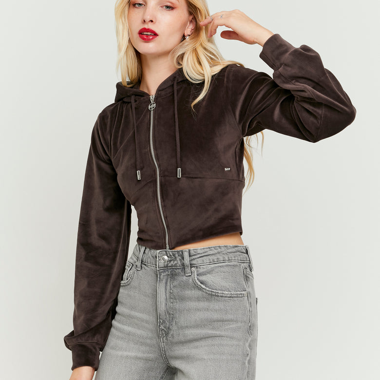 Basic Cropped Zip?Up Hoodie | Brown