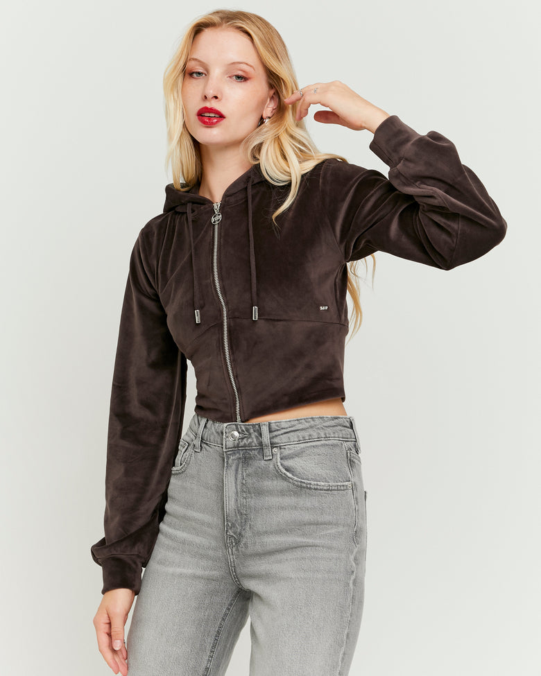 Basic Cropped Zip?Up Hoodie | Brown