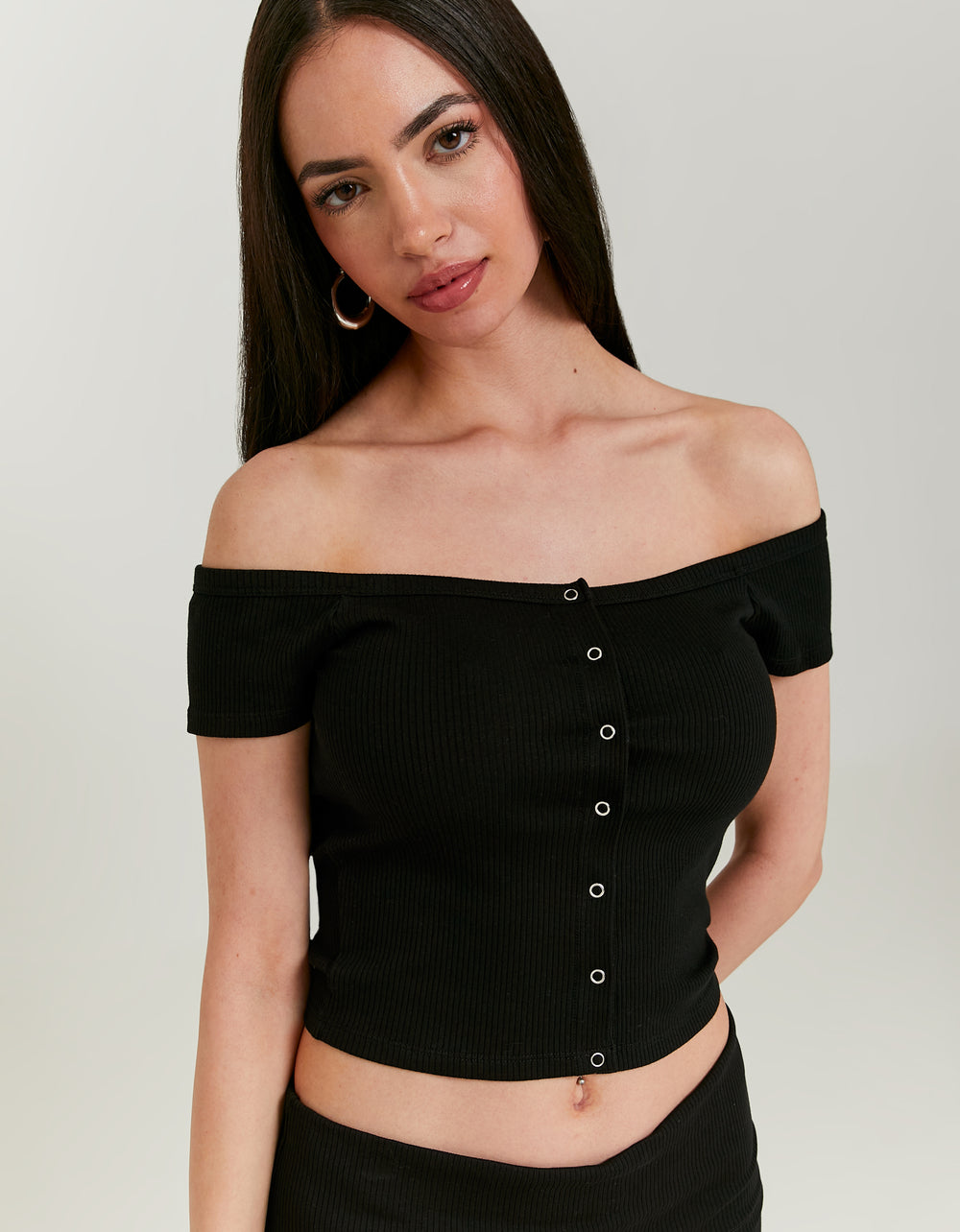 Buttoned Off-Shoulder Top | Black