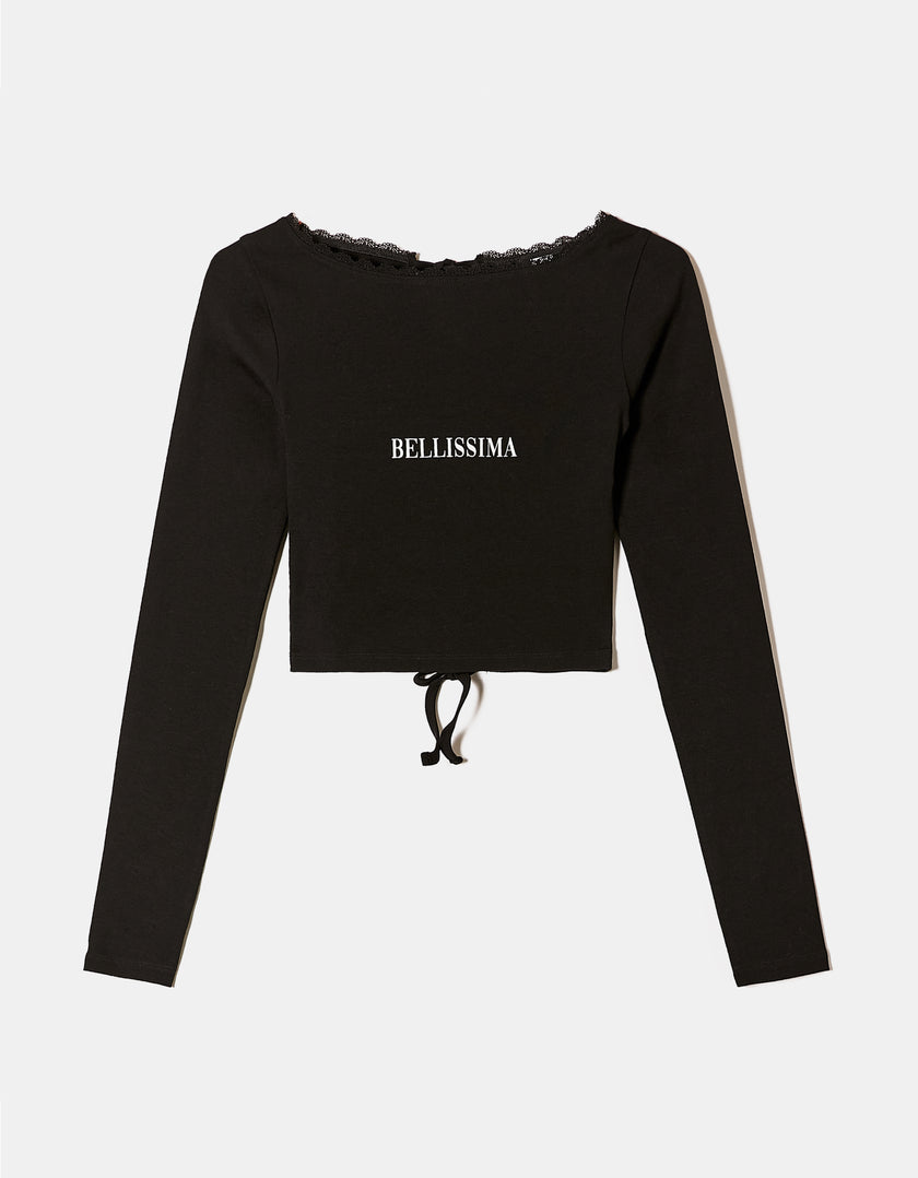 Printed T-shirt with Open Back | Black