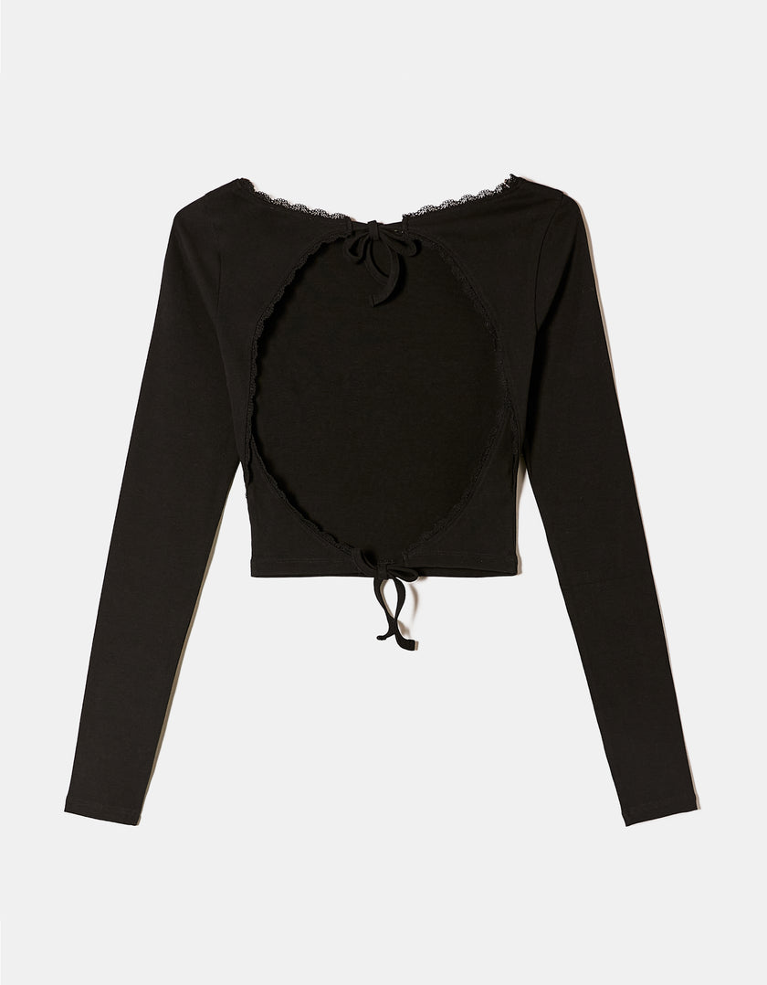 Printed T-shirt with Open Back | Black
