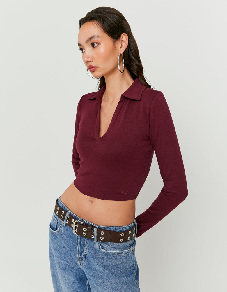 Polo Neck T-Shirt With Long Sleeves | Bordeau